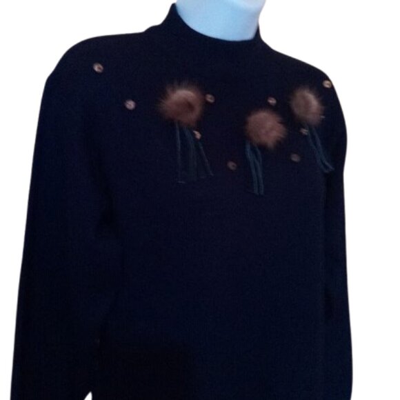 Unique Black Mock Neck Knit Sweater with Pom Poms Fits Size Small - Picture 3 of 4